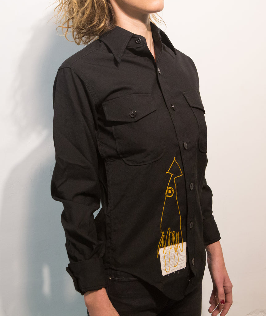 Long sleeve black button up shirt: squid and seal - pskaufmanfootwear