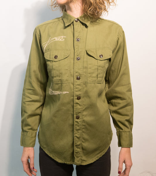Long sleeve olive drab button up: two piranhas - pskaufmanfootwear
