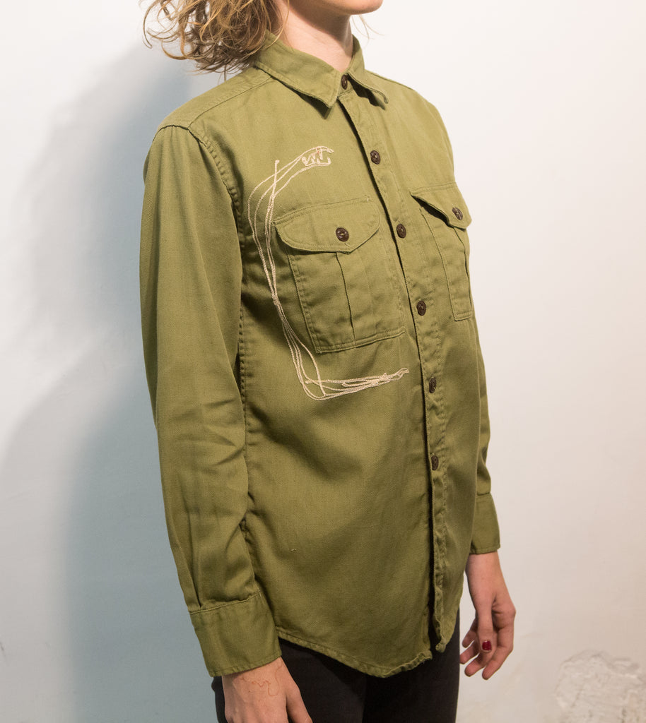 Long sleeve olive drab button up: two piranhas - pskaufmanfootwear