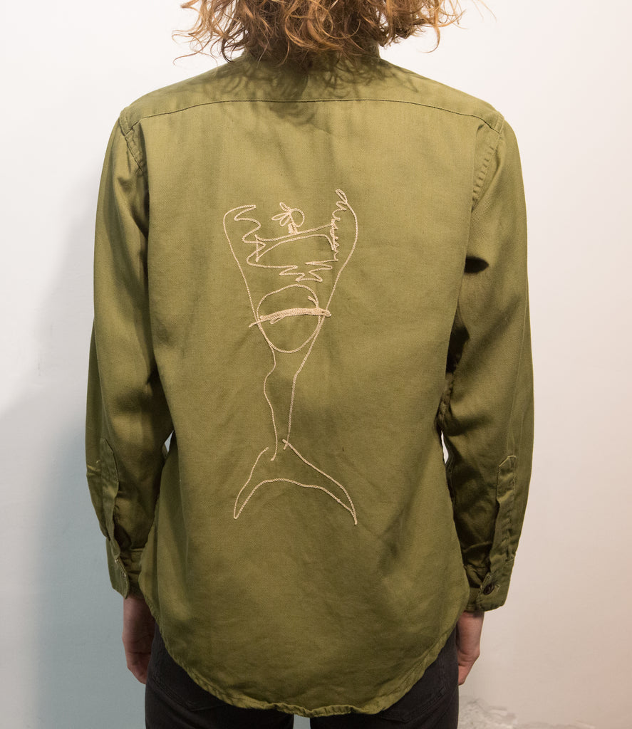 Long sleeve olive drab button up: two piranhas - pskaufmanfootwear