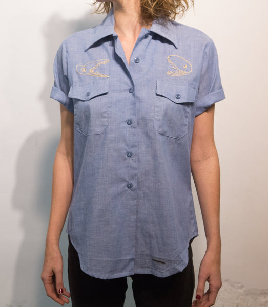 Short sleeve chambray button up: hammerhead and dino skulls - pskaufmanfootwear