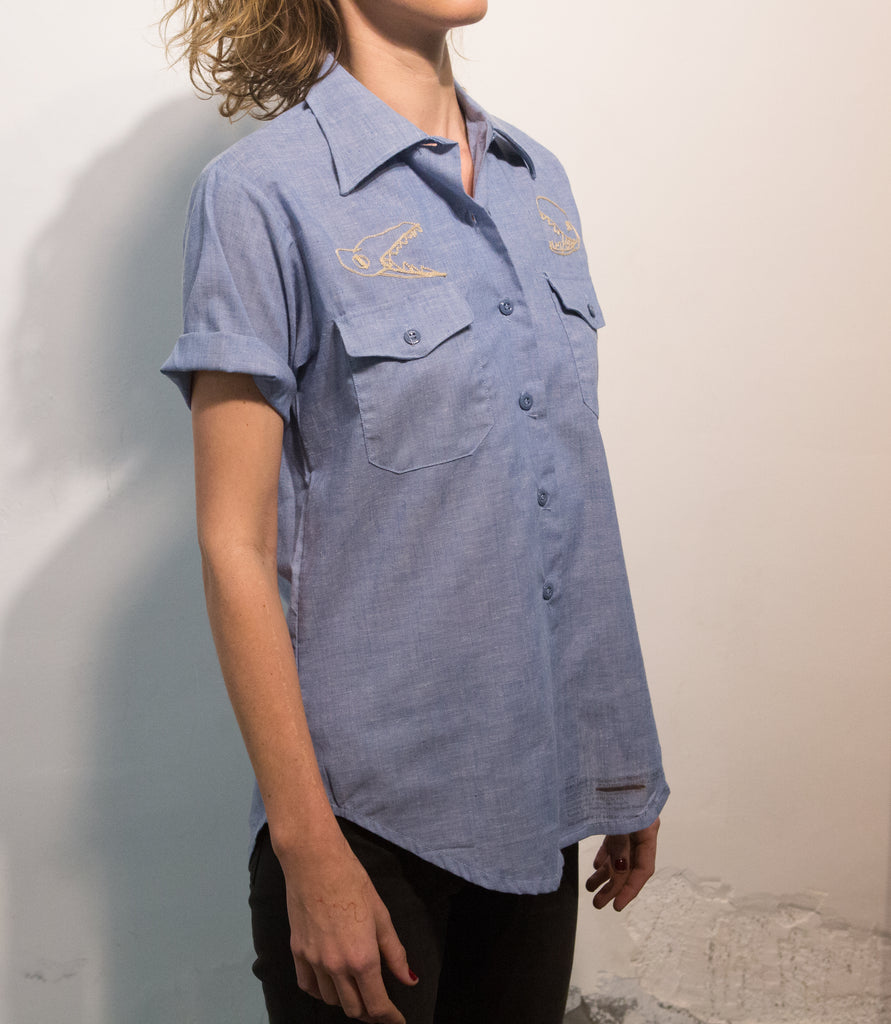 Short sleeve chambray button up: hammerhead and dino skulls - pskaufmanfootwear