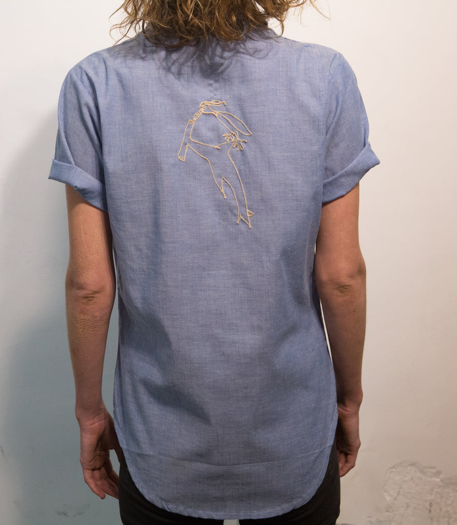 Short sleeve chambray button up: hammerhead and dino skulls - pskaufmanfootwear